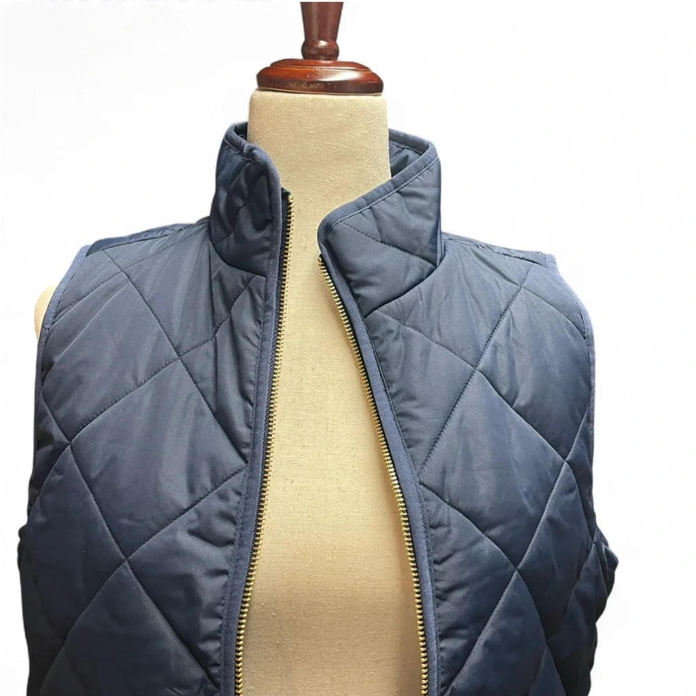 J.Crew Womens S‎ Navy Blue Puffer Zip Up Vest Gingham Print Snap Buttons Preppy